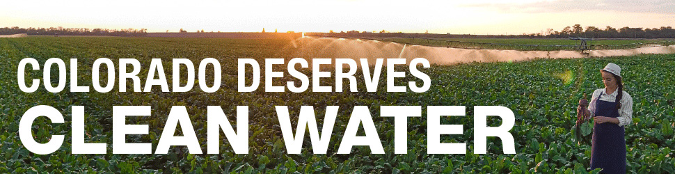 Text: Colorado deserves clean water. A women standing with a hose in a green field.