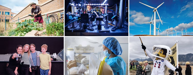 Six images of researchers tending to a garden, using a robotic arm, and image of a wind turbine, a groups of young students taking a selfie, a medical researcher, and Chip the Buffalo dressed as an astronaut.
